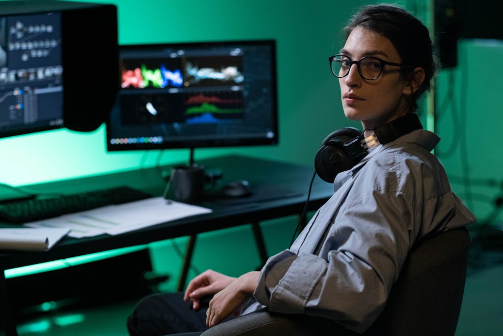 A focused young woman working with computer monitors in a modern tech environment.
